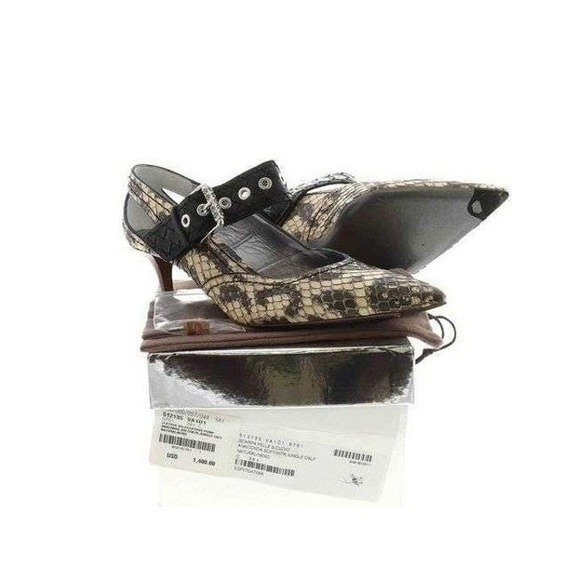 Bottega Veneta Shoes - Bottega Veneta Snake Print Leather Kitten Heel Buckle Strap Mary Janes Size 39.5